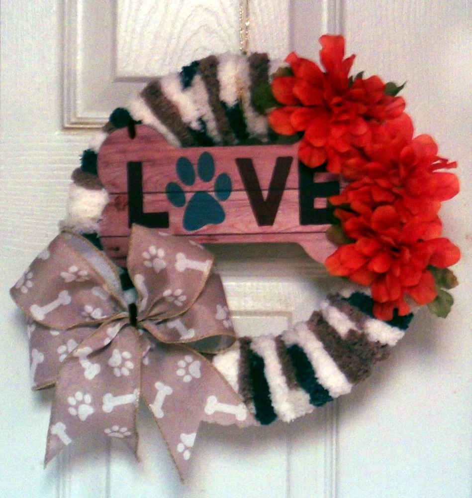 "Love" On Bone-Shape Plus Flowers and Bow Wreath