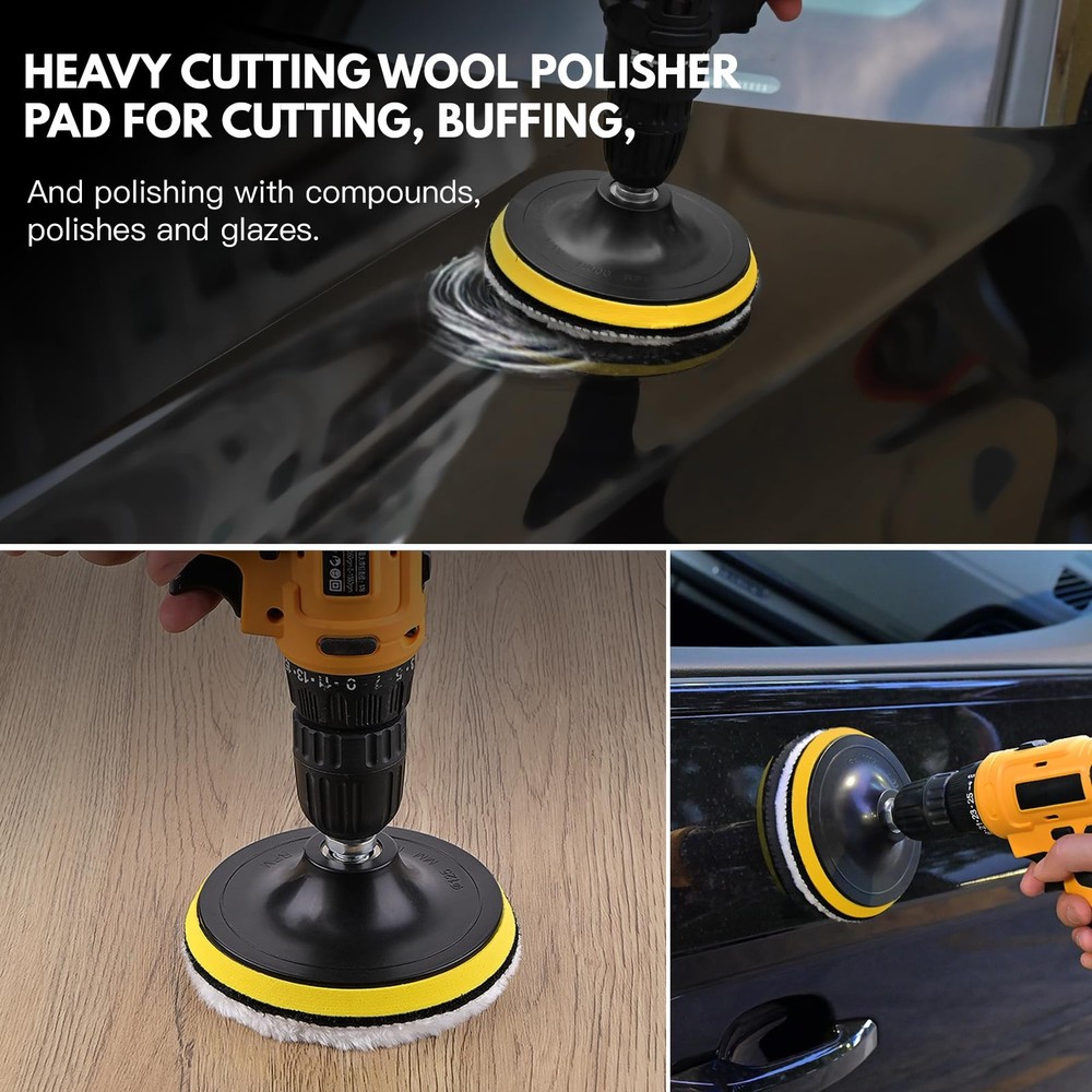 7 Piece 3 Inch Wool Buffing Pad, Drill Buffer Connecting M10 Drill Adapter, Buff