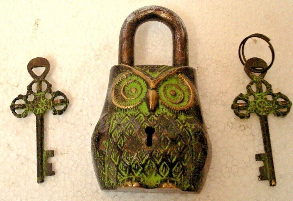 Vintage Style Handmade Brass Owl Shape Padlock With keys Working Functional