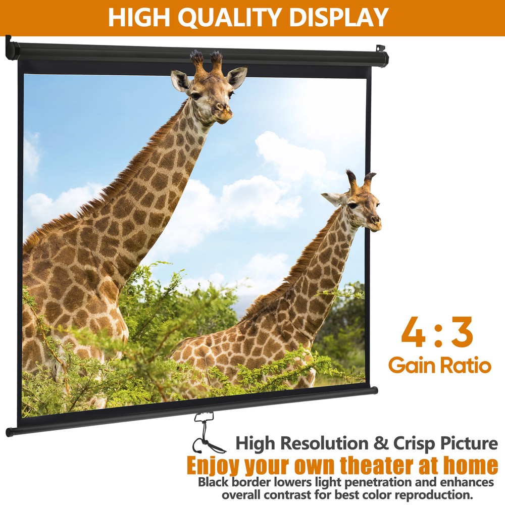 72" Roll Down Pull Down Projection Projector Screen 4:3 HD Movie Theater Black