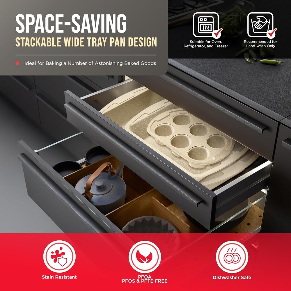 Baking Pan Set of 6 - Stackable, non-stick baking pans for home cooking