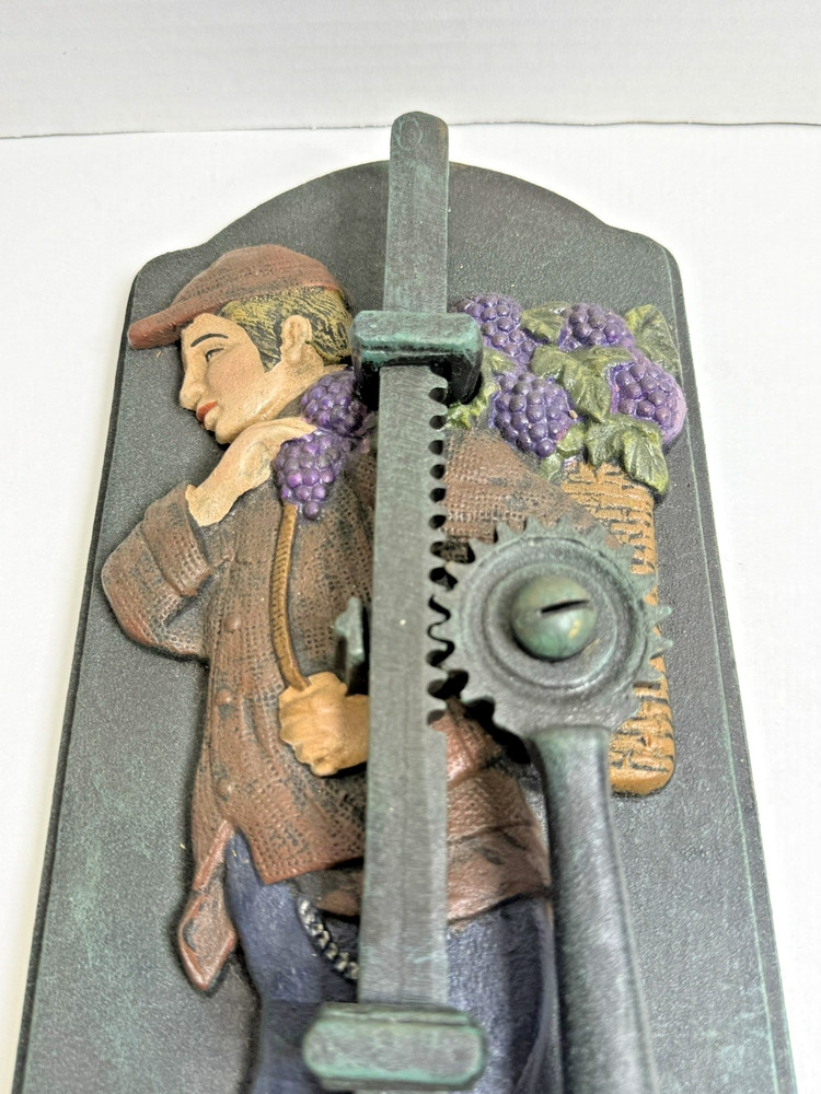 Vintage Cast Iron Wall Mount Corkscrew Cork Puller Grape Harvester Design