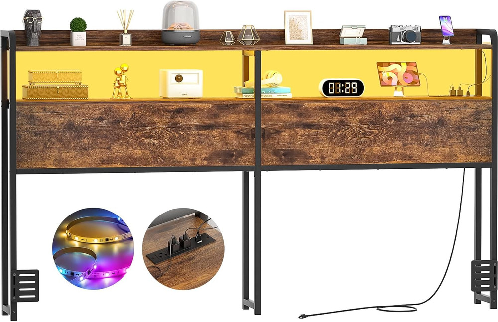Rustic King Size Headboard with USB Ports, LED Light & Storage, Adjustable