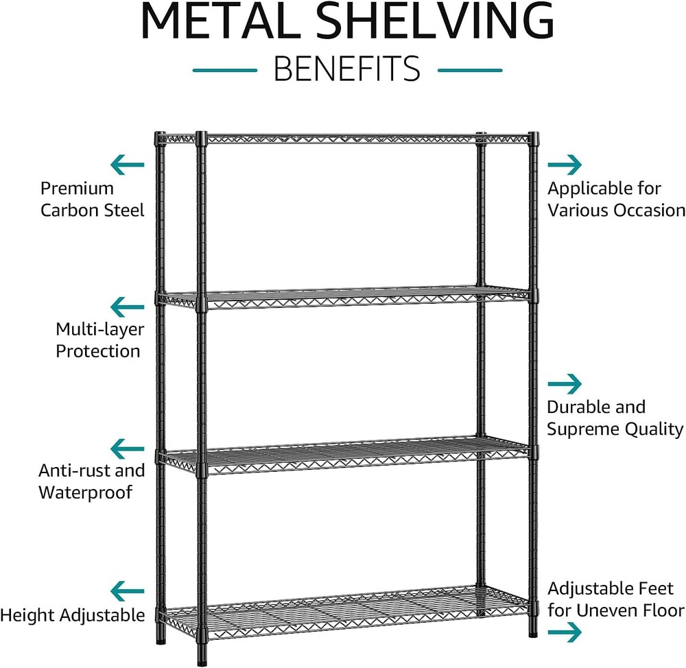 IZEUK 4-Shelf Adjustable Storage Rack, 1400lb Capacity, Black