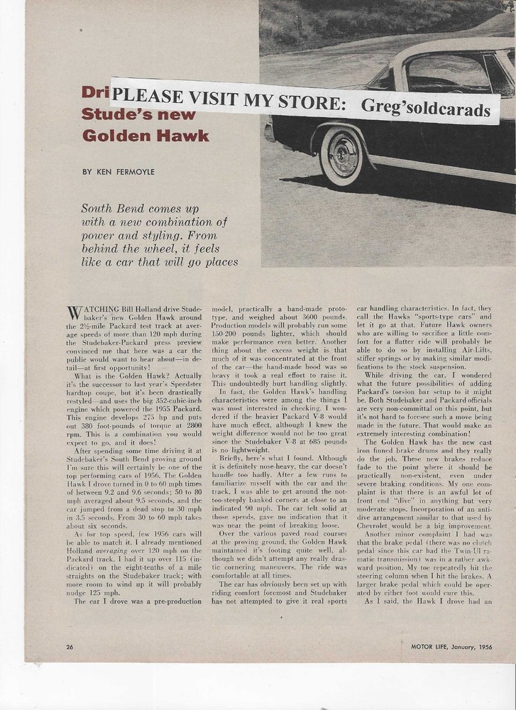 1956 Studebaker  Hawk two page  road test and full line article (3 pages total)