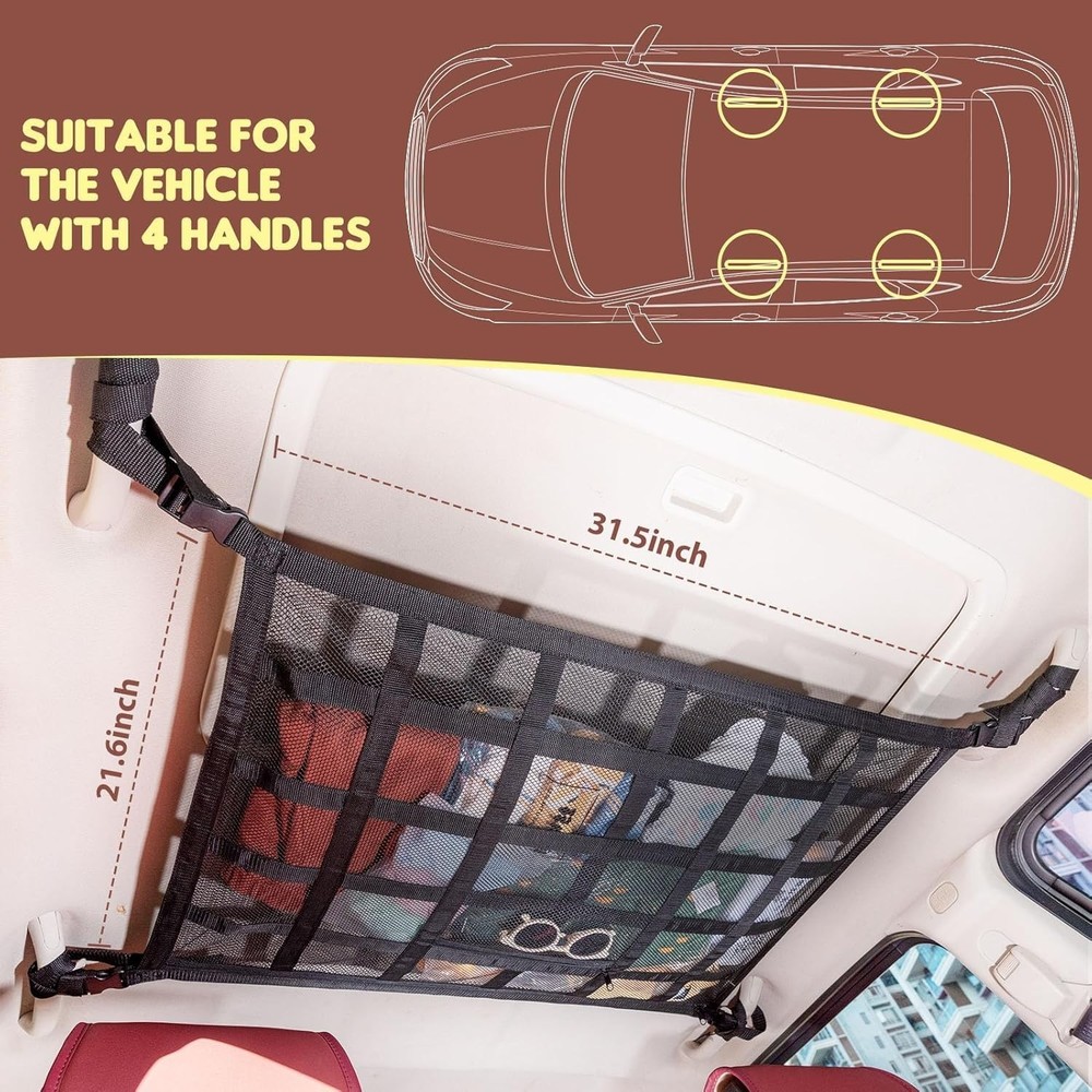 Double-Layer Car Ceiling Cargo Net Pocket - 31.5x21.6 Inches Storage Solution