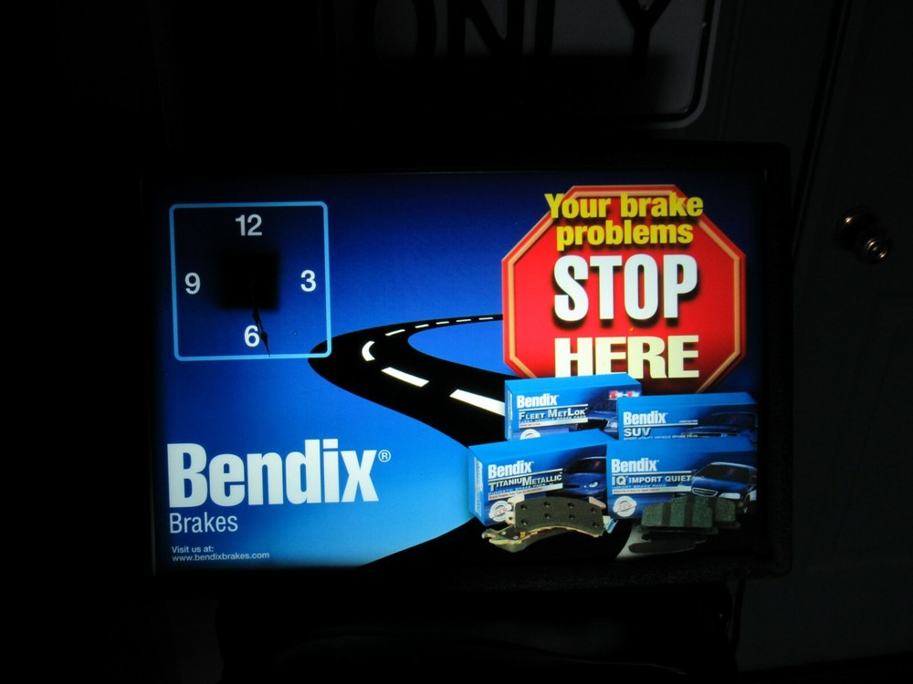 Large Bendix Stop Here Brakes Shop clock lighted plastic sign black frame