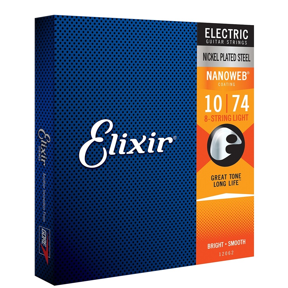 Elixir 12062 Nanoweb Coating NPS Electric Guitar Strings, 8-String Light (10-74)