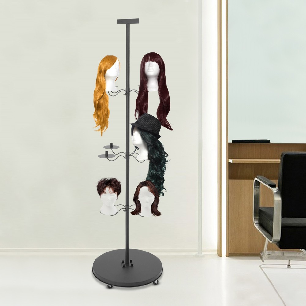 12-Head Adjustable Wig Display Stand with Lockable Wheels - Modern Iron Design