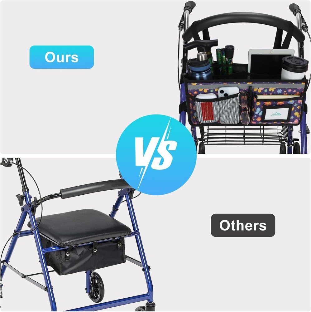 Rollator Basket, Rollator Walker Bag w/Cup Holder, Foldable Rolling Walker Wa...