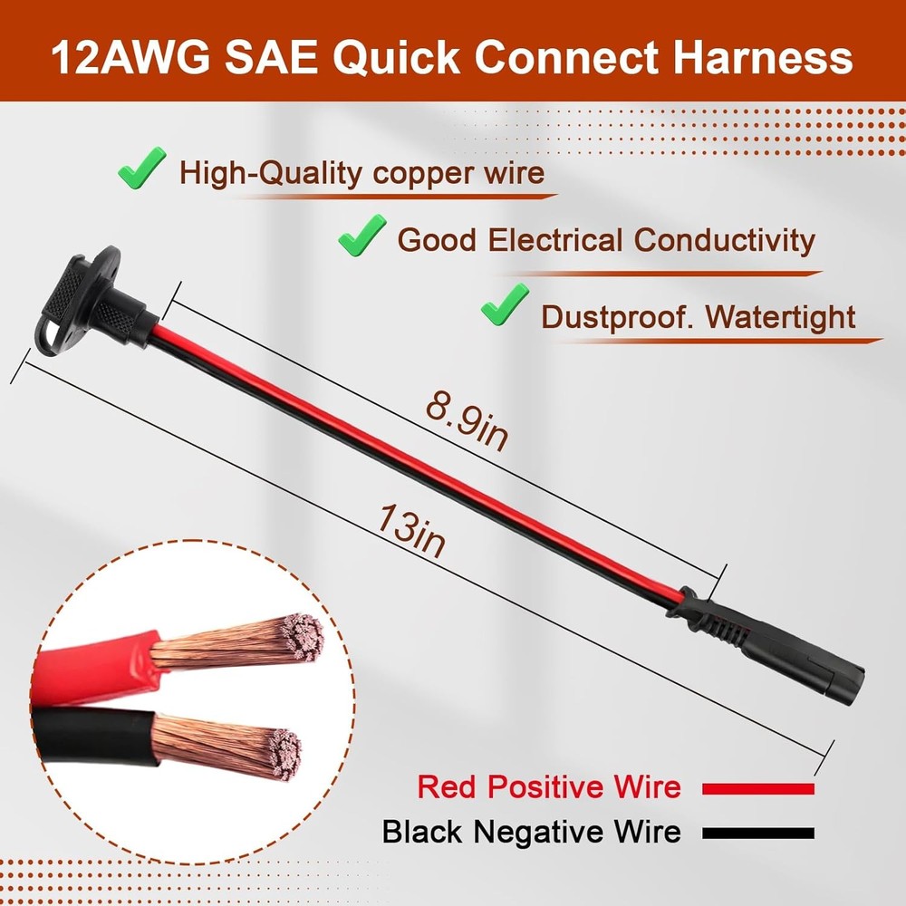 2-Pack 12AWG SAE Quick Connector 1FT Solar Battery Cable
