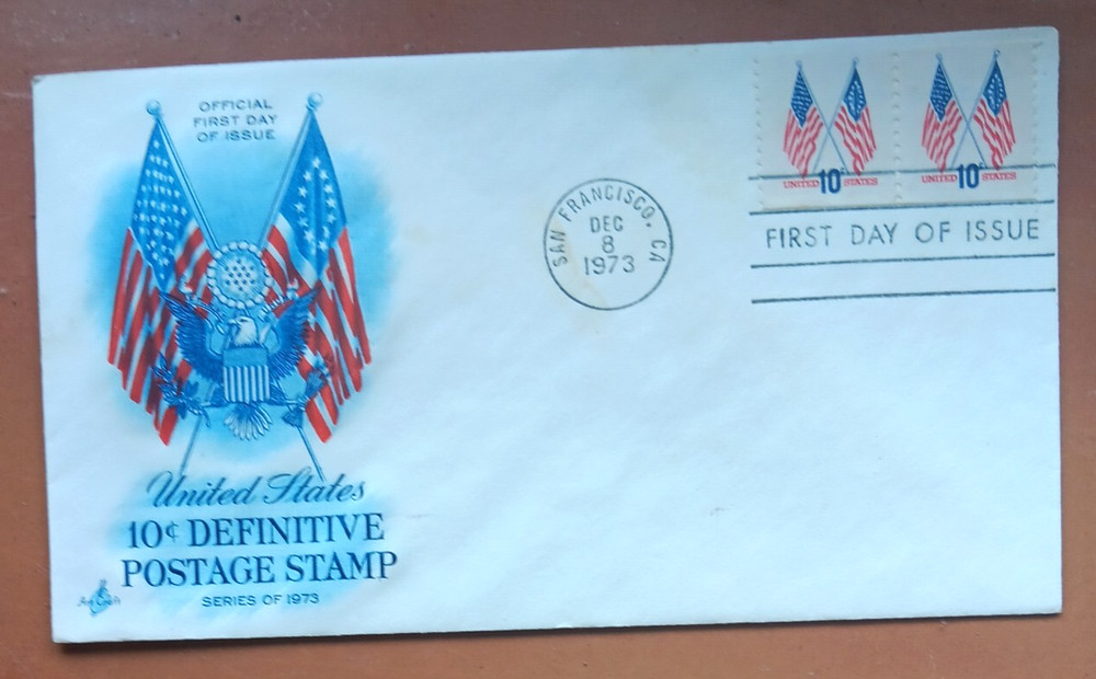 CROSSED FLAGS  1973 COIL PAIR  artcraft CACHET FDC UNADDR