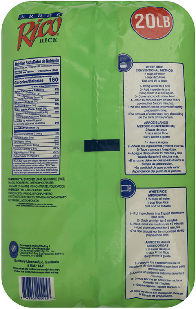 Rico Rice, Long Grain Rice, 20 lbs. Allergens Not Contained