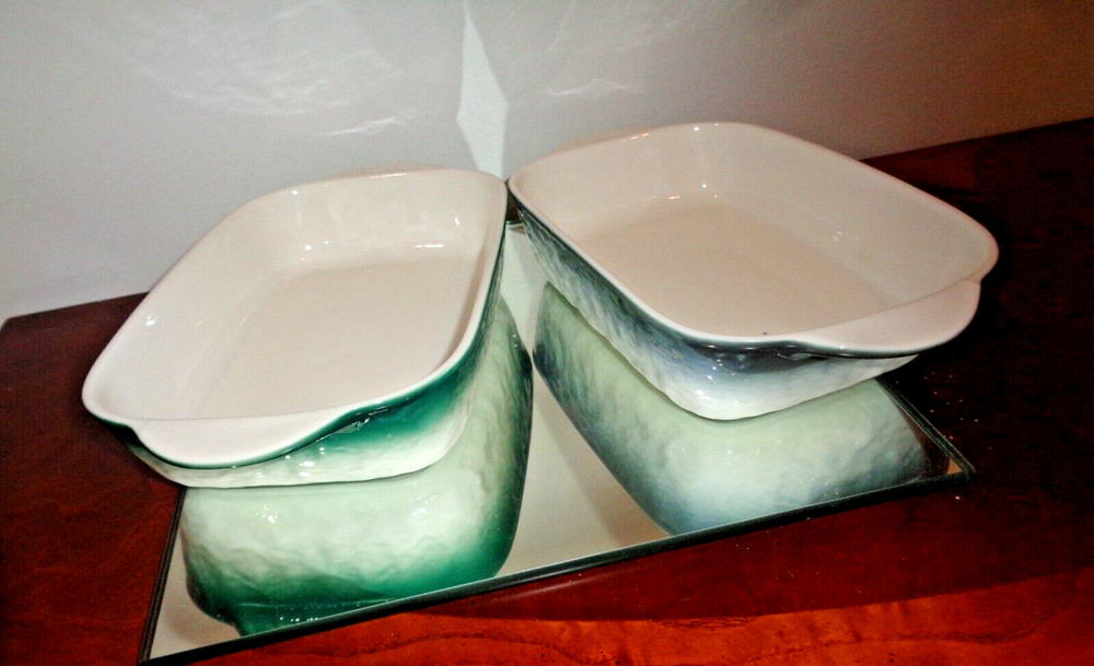 Set of 2 Green & Gray Ceramic Rectangular Baking Roasting Stackable Pan 9X5.5X1"