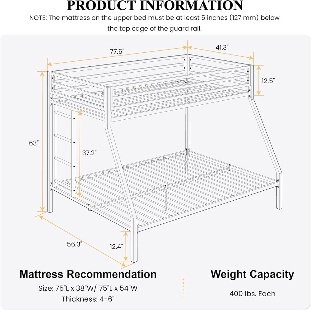 SHA CERLIN Loft Bunk Bed Twin Over Full Size Metal Black