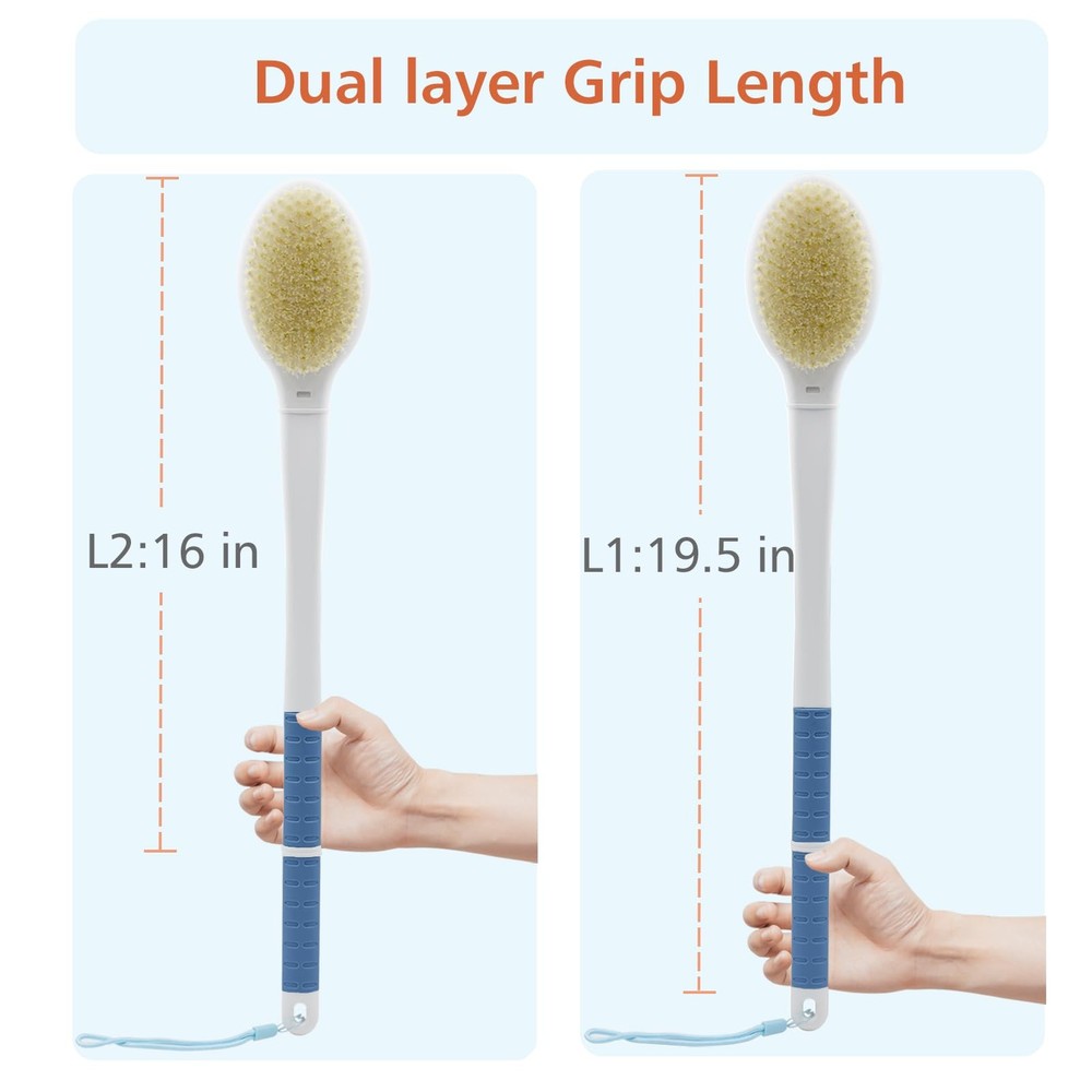 Shower Brush with Soft and Stiff Bristles,20.5" Extra EXTRA LONG HANDLE, Blue