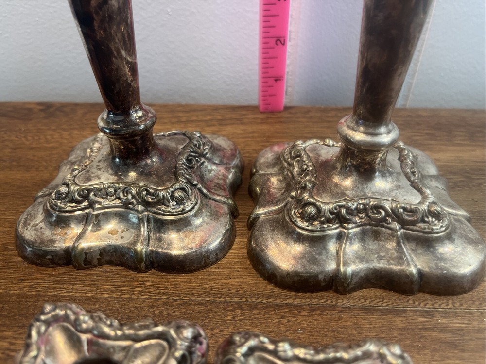 Vtg Pair Fancy Gorham Silver Plate Candlesticks with Inserts 7" 4x4” Base