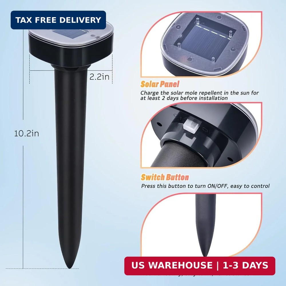 4 Pack Mole Repellent Solar Powered, Snake & Skunk & Vole & Gopher & Armadillo &