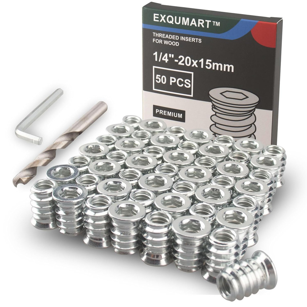 50 Pcs Premium Threaded Inserts for Wood, 1/4-20 Threaded Inserts with Drill Bit