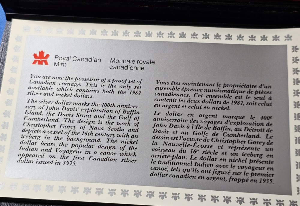 1987 Double Dollar Canada 7 Coin Proof Set COA. Includes Silver Proof Dollar