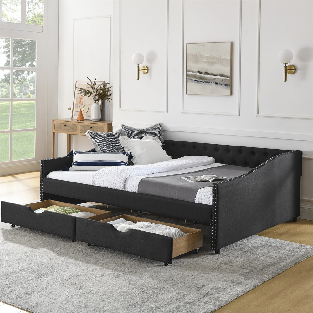 Queen Size Daybed w/ 2 Storage Drawers Upholstered Bed Frame Sofa Bed US