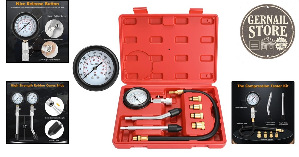 8-Piece Petrol Engine Compression Tester Kit - Accurate Gauge 0-300psi