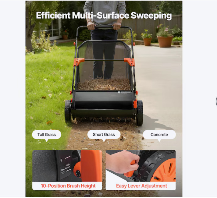VEVOR 26" Push Lawn Sweeper – 7 Cu Ft Hopper, Adjustable Brushes