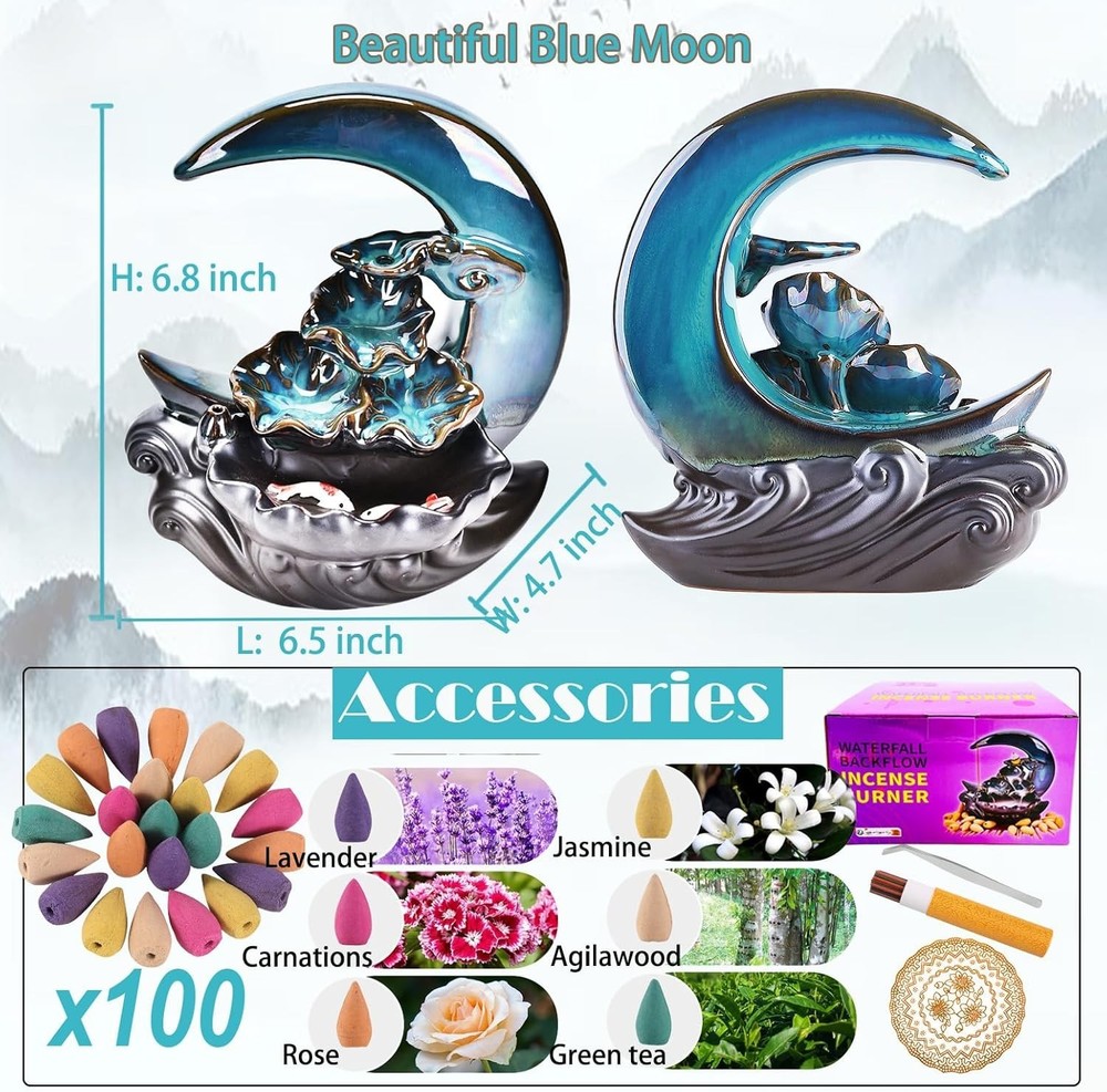 Moon Backflow Incense Holder Set with 100 Cones & Sticks