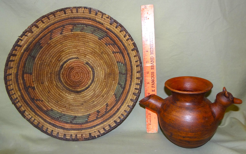 Hand Made Pottery Pitcher and Handwoven Basket