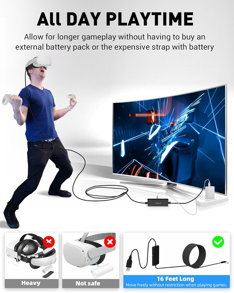Kuject Link Cable with Charging for Meta Quest 3S Oculus Quest 3 Quest 2/Pro, Pi