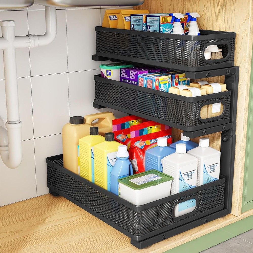 Under Sink Organizer 2-Pack 3-Tier Height Adjustable Thickened Metal Pull out