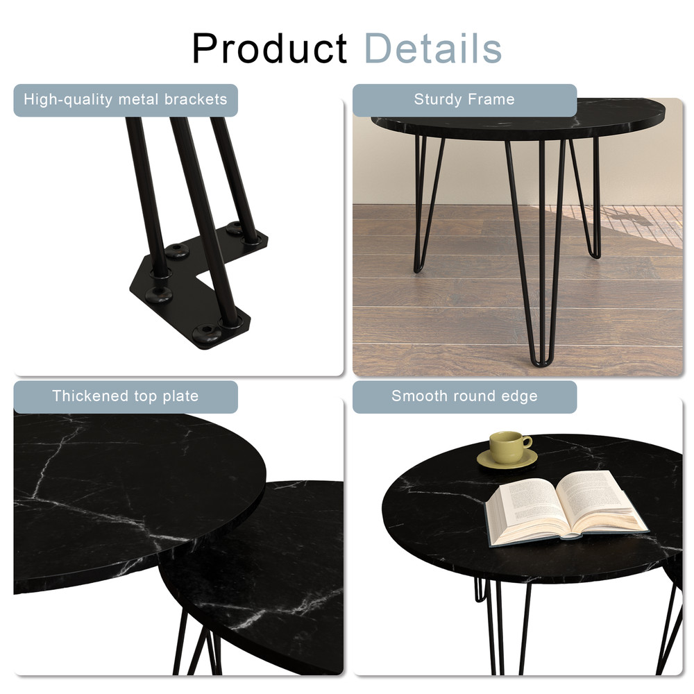 Round Nesting Coffee Table Set of 2, End Table Set, Imitation Marble Grain