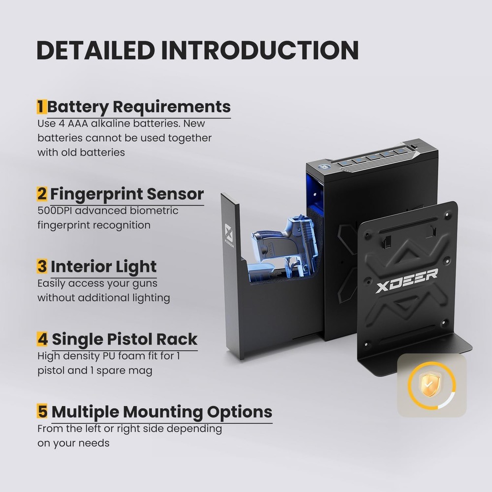 Biometric handgun safe with automatic lid opening and internal lighting.