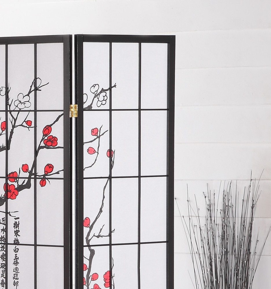 Japanese 4 Panel Room Divider Screen Black with Plum Blossom