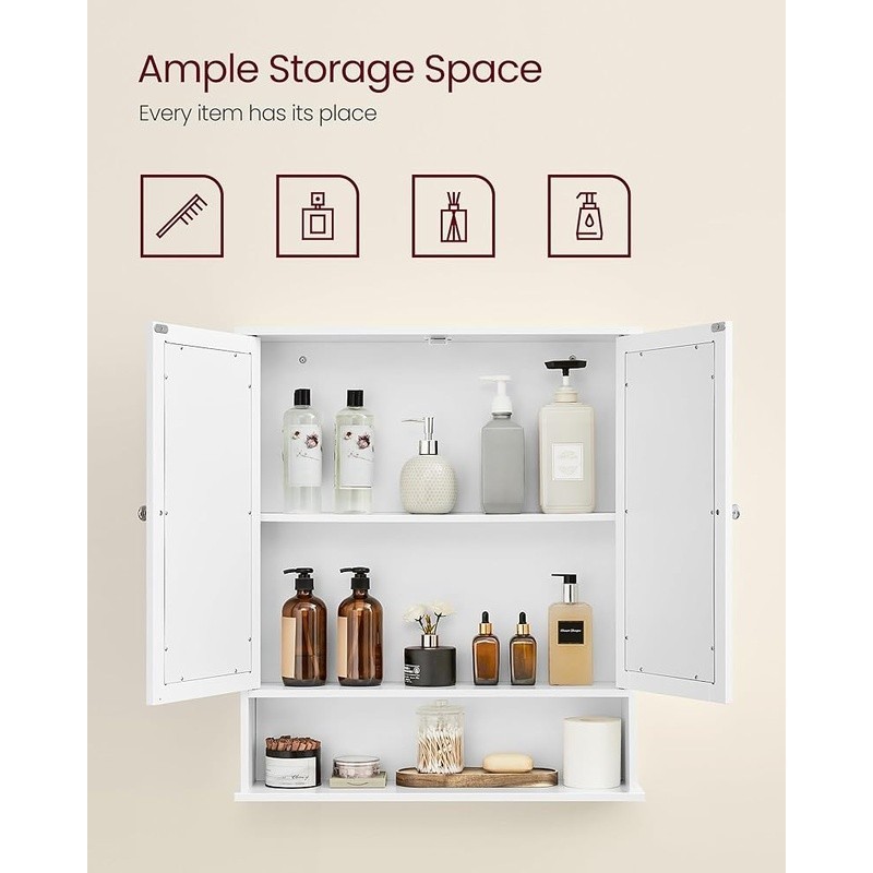 Bathroom Wall Cabinet W/ Mirrored Doors Height Adjustable Shelf Open Compartment