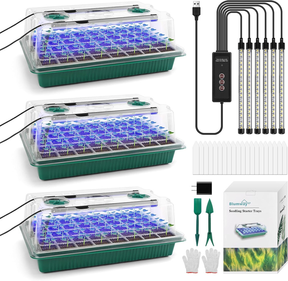 Seed Starter Tray with Grow Light - 3 Pack 120 Cells Indoor Kit