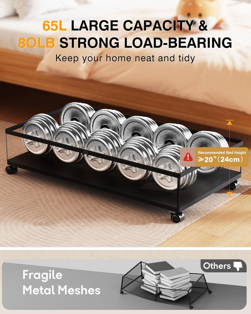 LeArex Under Bed Storage with Wheels,2Pack Underbed Shoe 2pcs, Black