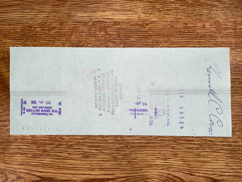 1978 Pittsburgh Pirates: Expense Check: Kenneth Curcio