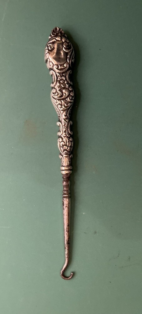 Button Boot Glove Hook Sterling Silver, Handle Floral Scrolling Design Antique