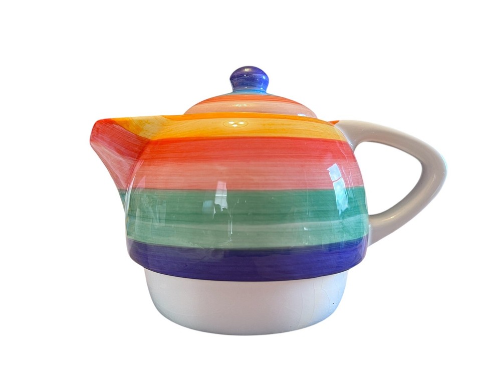 Rainbow Paint Stripe Small Stout Ceramic Teapot w/ Lid 4” Unbranded