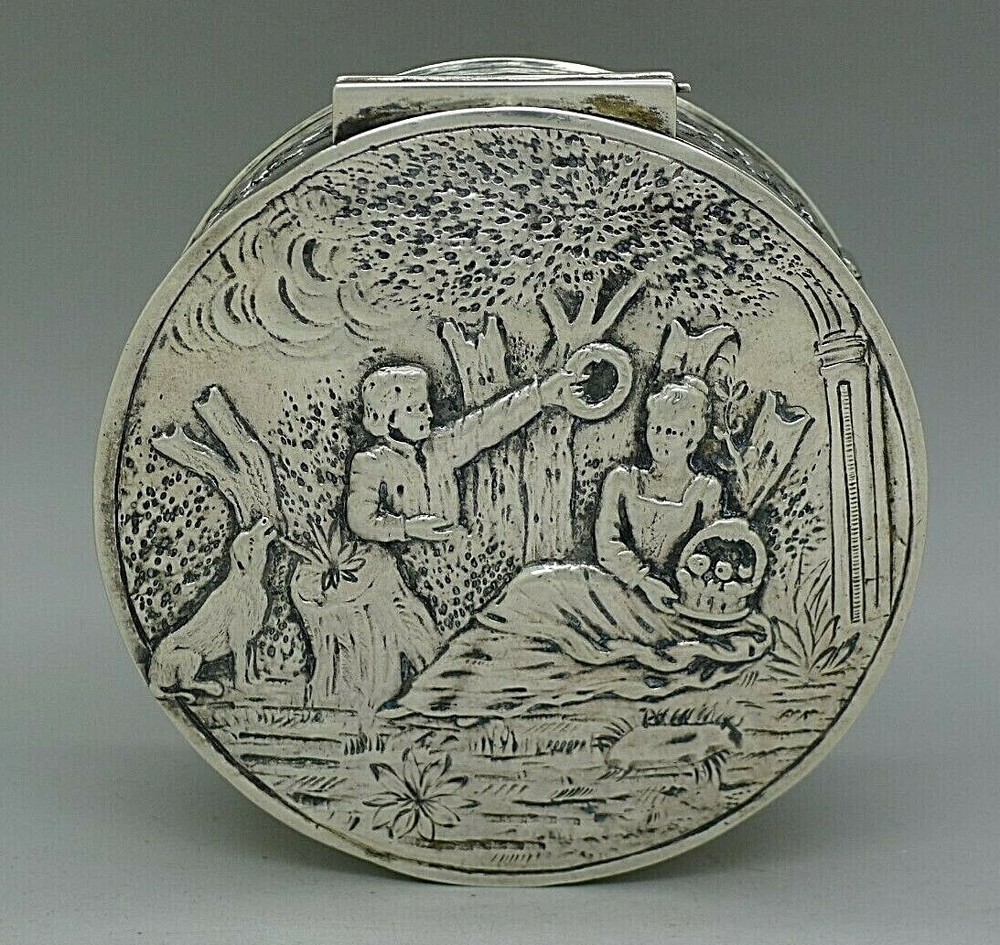 GERMAN SOLID 800 SILVER BOX HANAU GEORGE ROTH NICE SIZED COURTING SCENE W/ DOG
