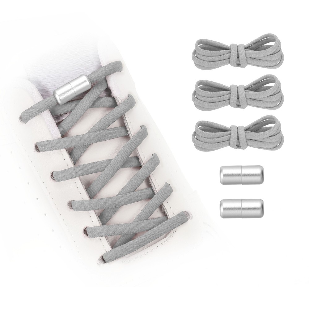Elastic No Tie Shoelaces Replacement 3Pcs with 2 Metal Buckles, Grey