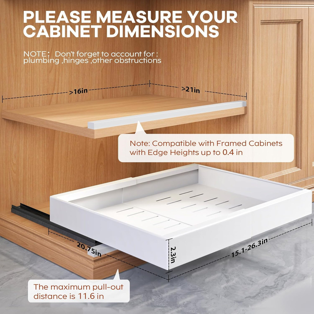 2 Pack 21" Deep Pull Out Cabinet Organizer Expandable（Width 15.1"-26.3"） White+4