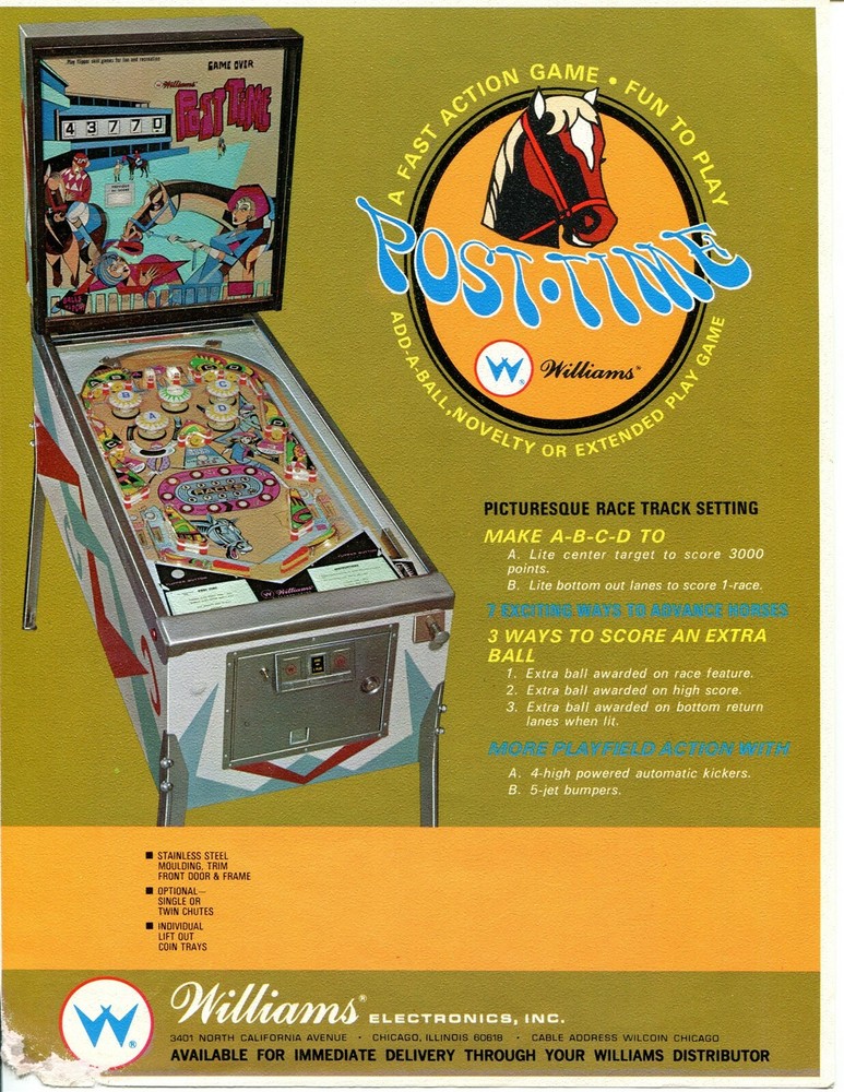 Post Time Williams Pinball Flyer / Brochure / Ad