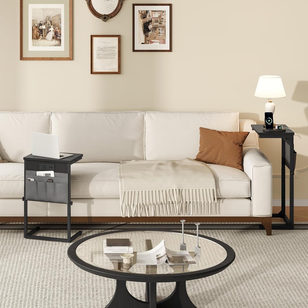 BB77USF01 Black C Shaped End Table With Charging Station Adjustable Height