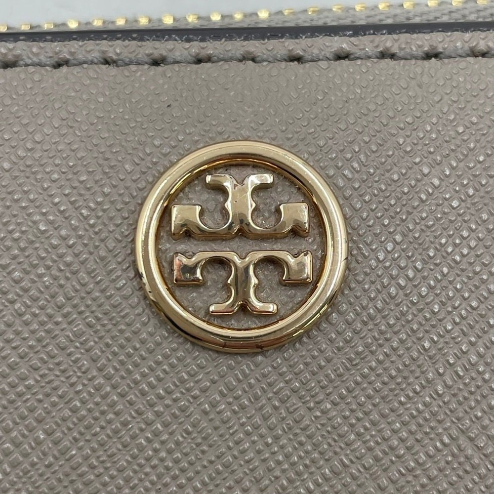 TORY BURCH Two-Fold Wallet Mini Compact Logo Gold Hardware Leather Greige