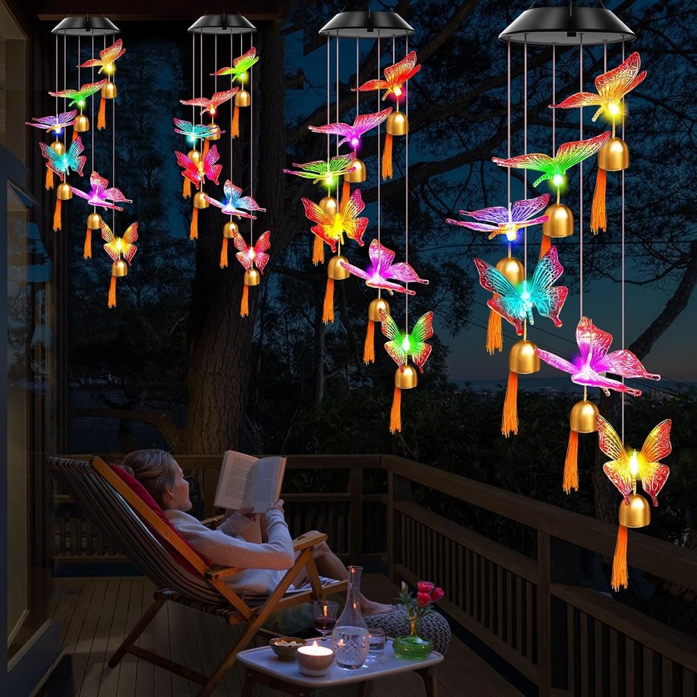 LED Butterfly Wind Chime With Bell Solar Powered Lights Color-Changing Yard Deco