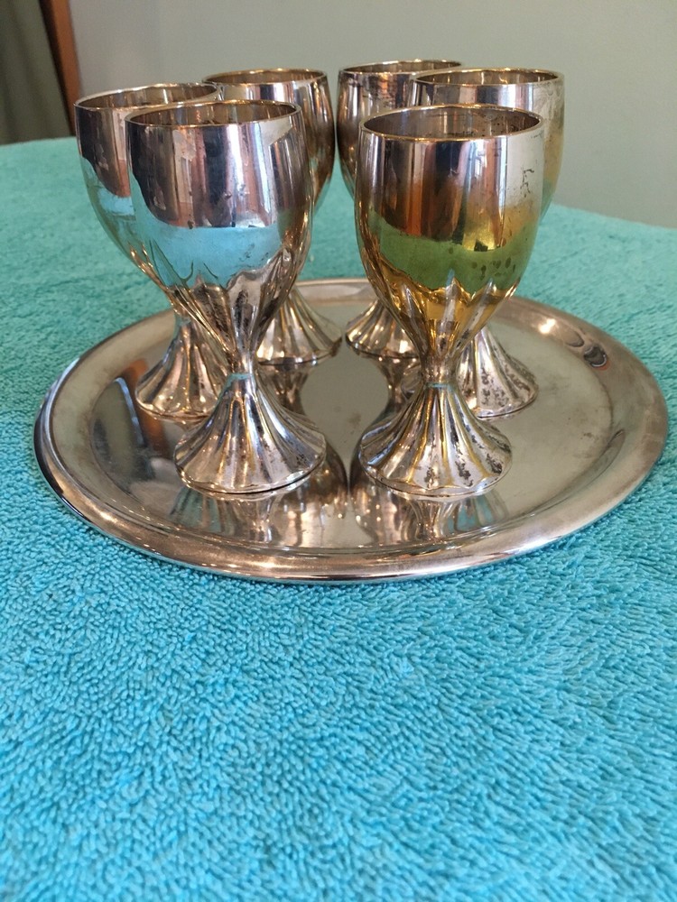 Godinger Silverplated Cordial Set With Six Goblets & Serving Tray Preowned