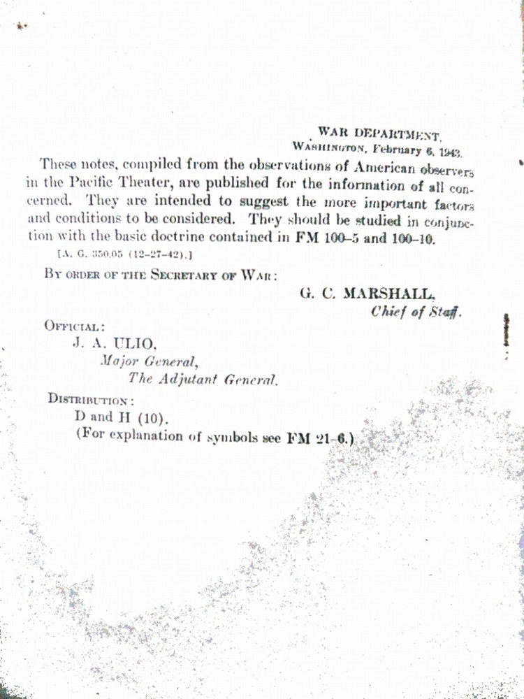 1943 WWII RESTRICTED WAR DEPARTMENT NOTES FOR TASK FORCE COMMANDS IN PACIFIC THE