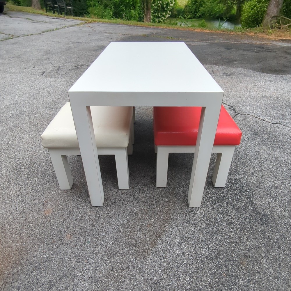 Vintage 80s Postmodern Laminate Parsons Table with 4 Upholstered Stools